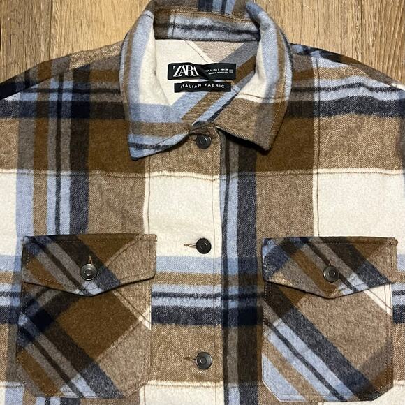 ZARA Oversized Plaid Shaket Jacket L Italian Wool Fabric Blue Brown Grunge 90s - Picture 4 of 7